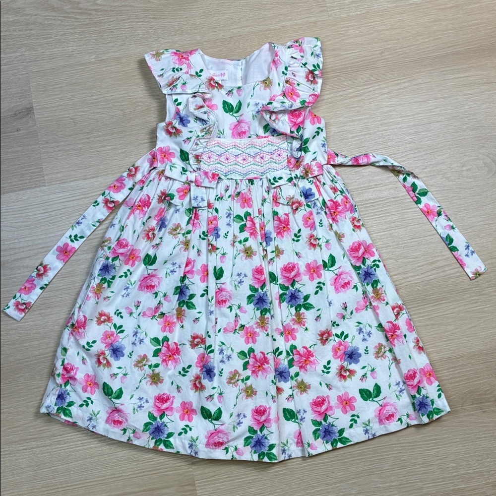 Bonnie Jean Pink Green Springtime Floral Easter Ruffled Bow Girly Dress